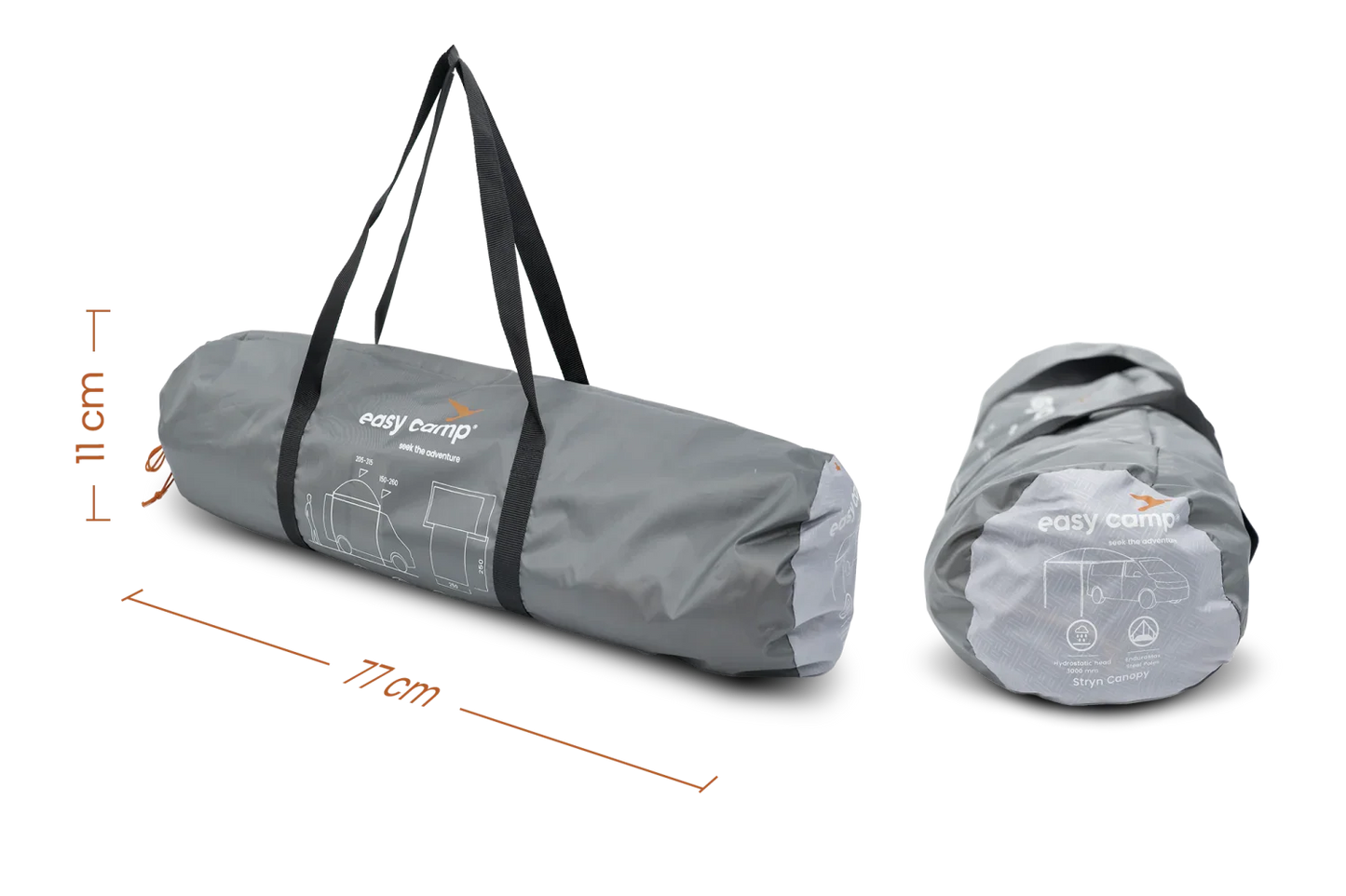 Easy Camp Stryn Canopy packed in gray carry bag with dimensions 77cm x 11cm for outdoor adventures