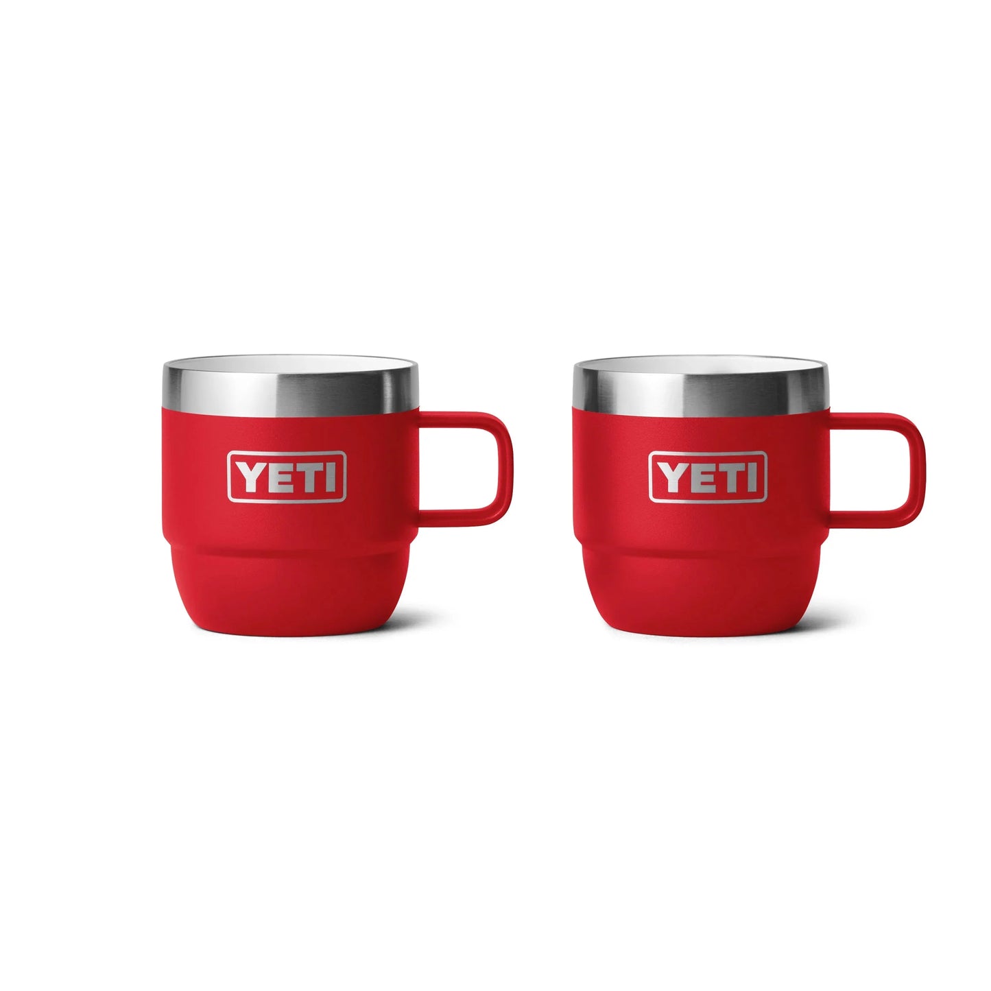 Red YETI insulated mugs with handles, perfect for camping and outdoor adventures