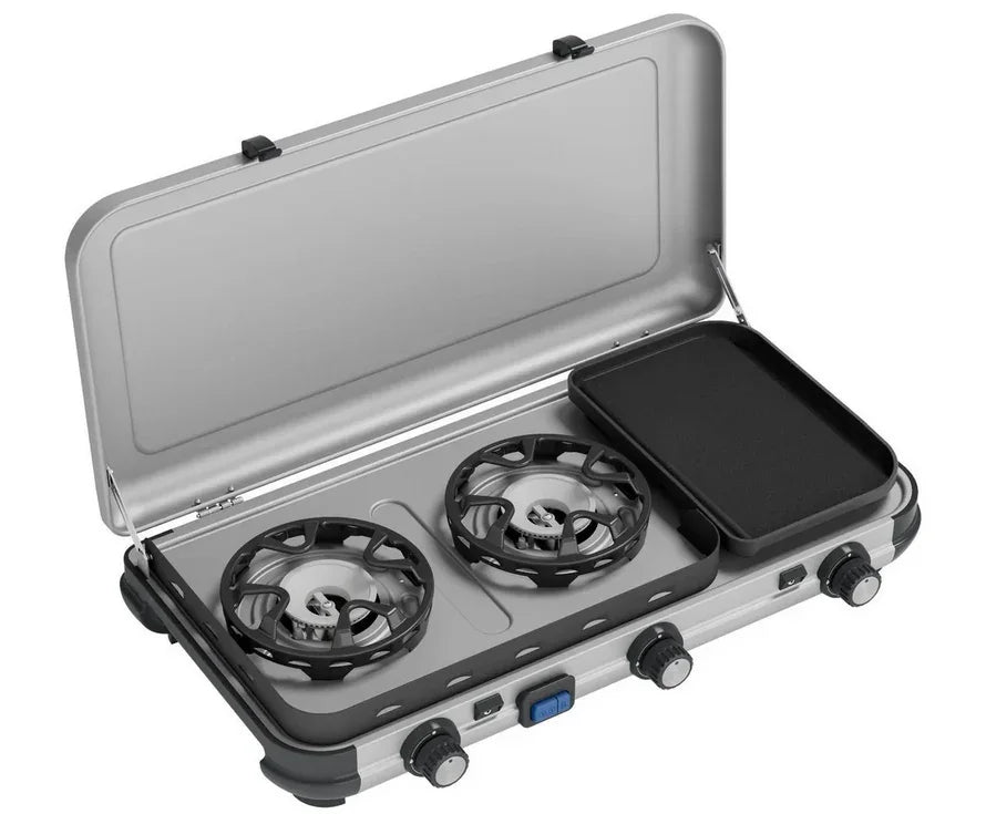 Portable 2-burner camping stove with griddle, ideal for outdoor cooking and caravanning adventures