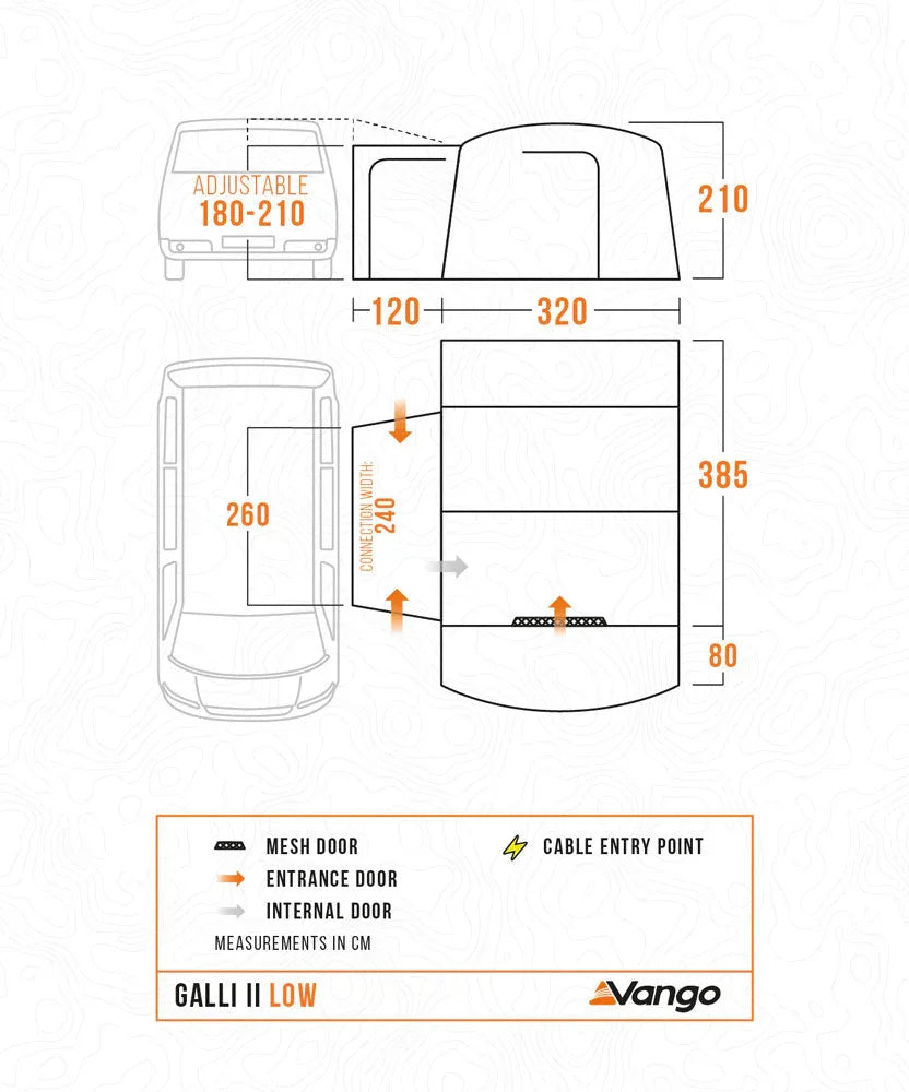 Vango Galli II Low awning dimensions diagram with mesh door, entrance, and cable entry point for caravans