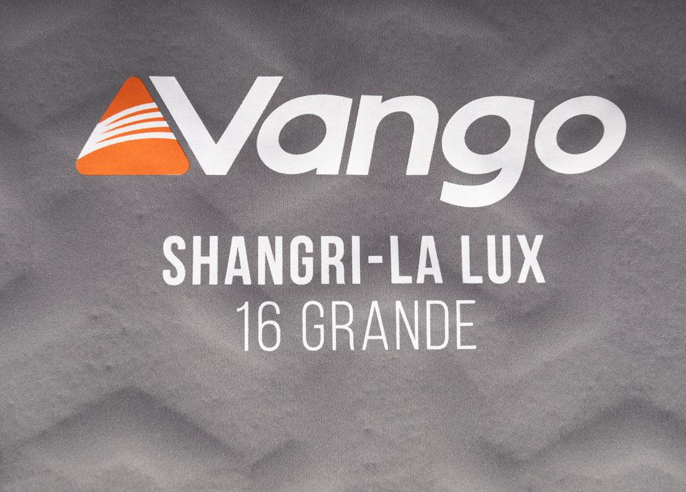 Vango Shangri-La Lux 16 Grande tent branding on grey fabric, ideal for camping and outdoor adventures.