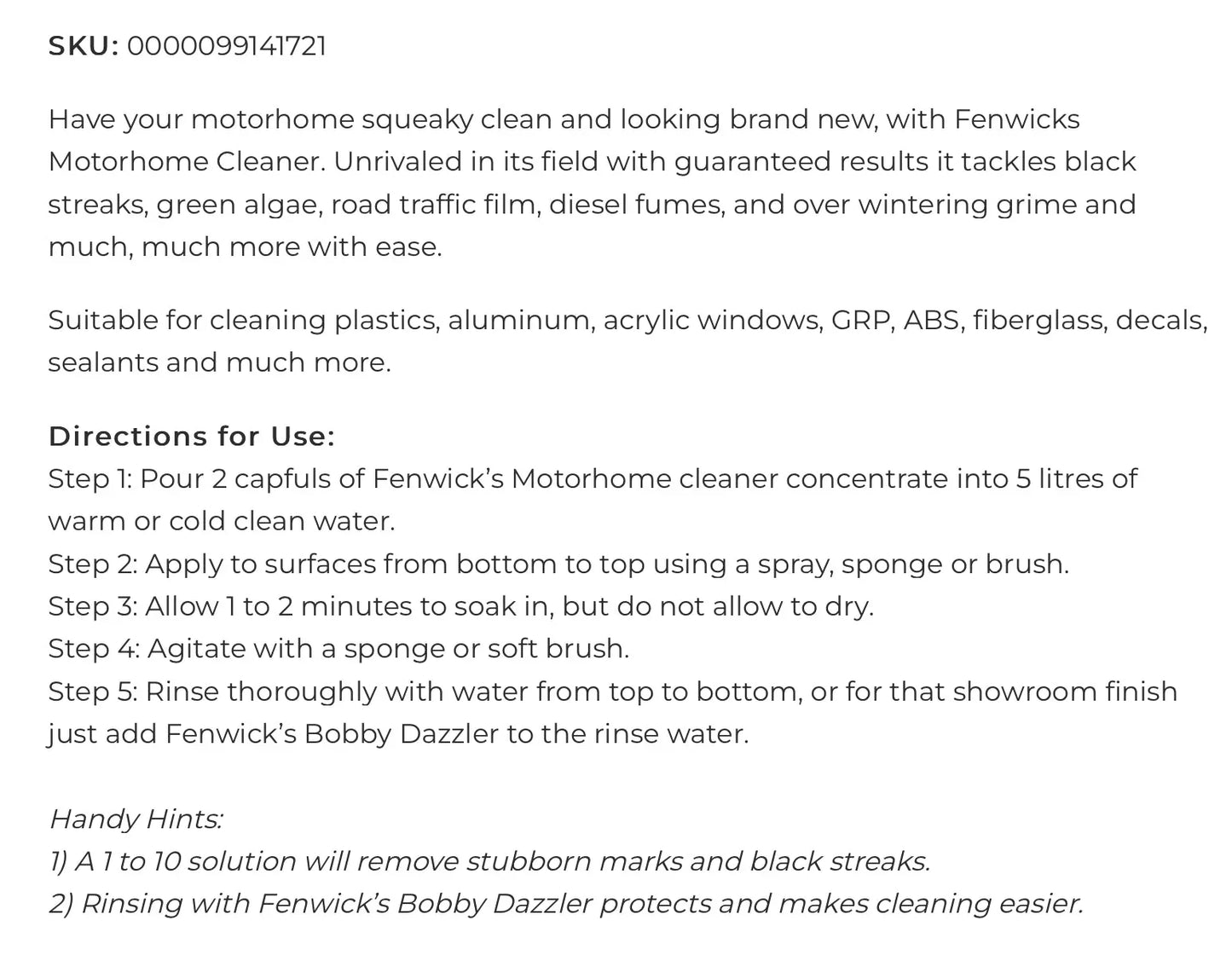 Fenwicks motorhome cleaner concentrated