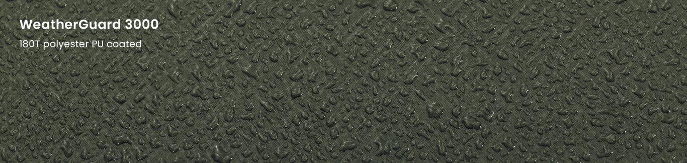 WeatherGuard 3000 180T polyester PU coated fabric with water droplets for outdoor gear