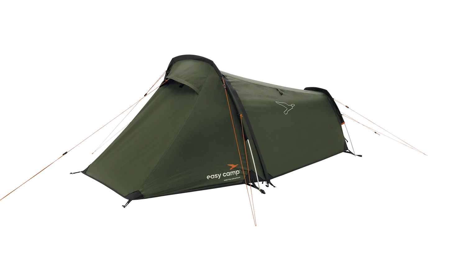 Green easy camp tent with orange guy lines for outdoor camping adventures