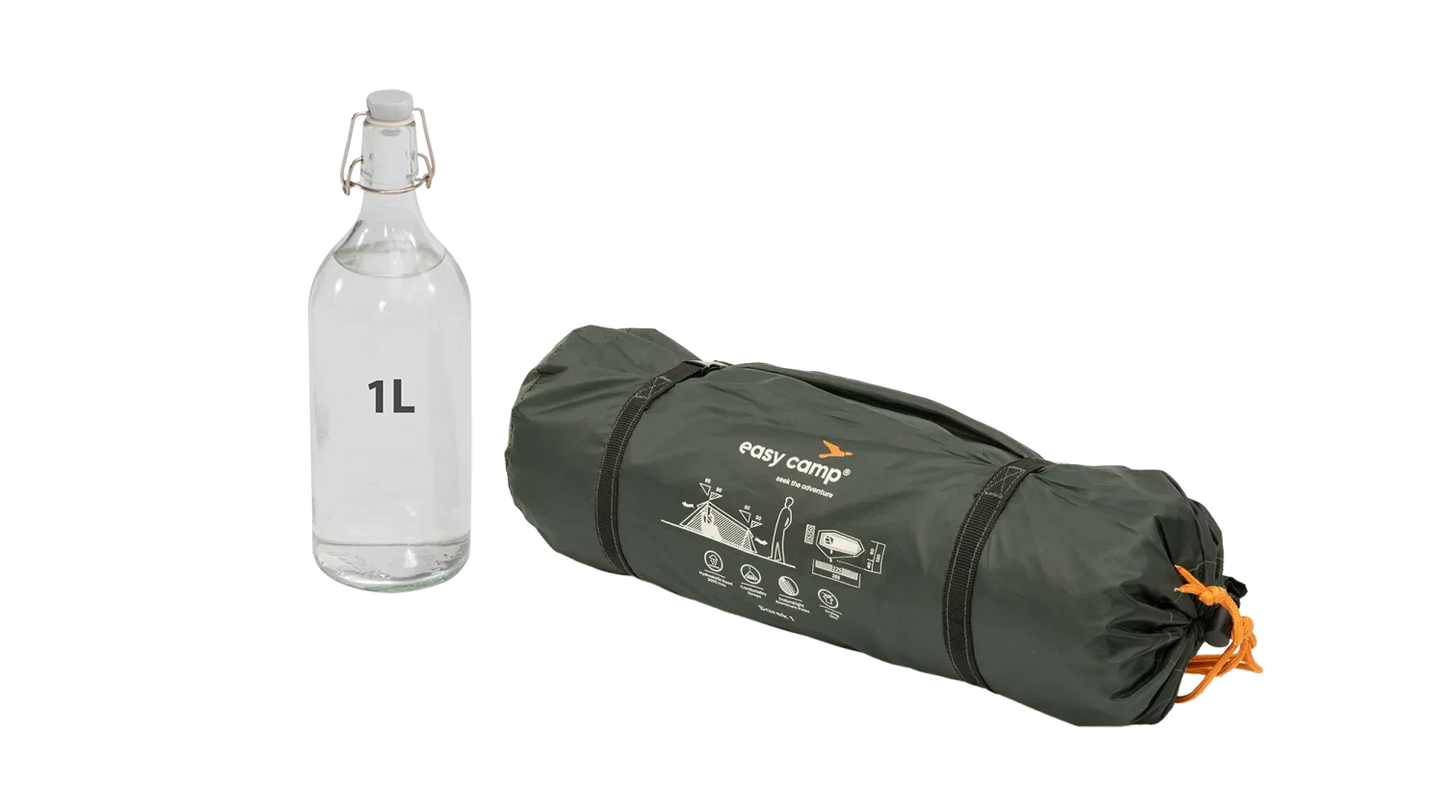 Compact easy camp tent in green carry bag next to 1L water bottle for outdoor adventures