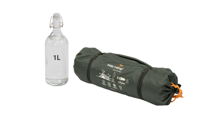 Compact easy camp tent in green carry bag next to 1L water bottle for outdoor adventures