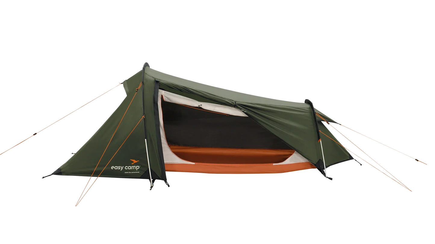 Easy Camp green and orange 2-person camping tent with open entrance, ideal for outdoor adventures and caravanning.