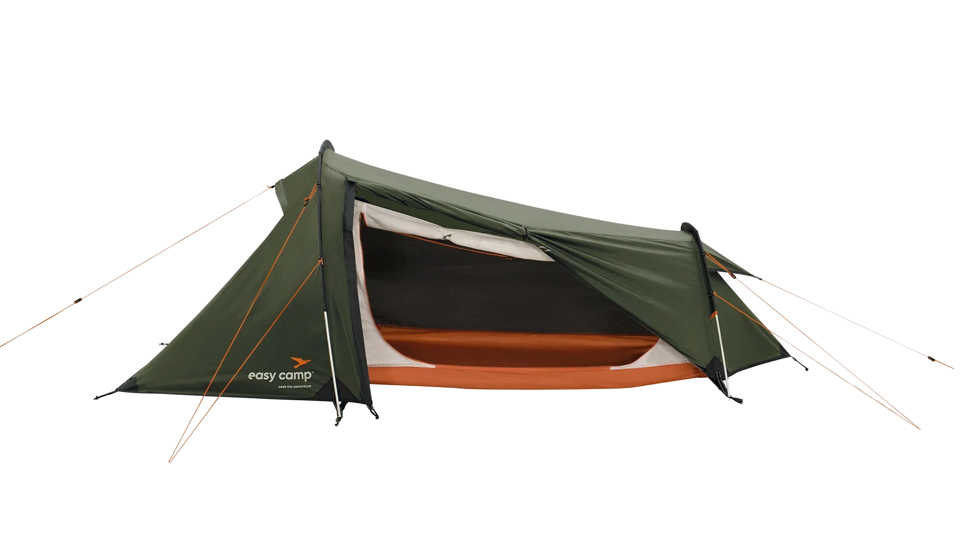 Easy Camp green and orange 2-person camping tent with open entrance, ideal for outdoor adventures and caravanning.
