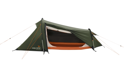 Easy Camp green and orange 2-person camping tent with open entrance, ideal for outdoor adventures and caravanning.