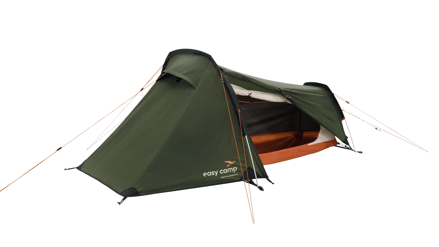 Easy Camp green camping tent with orange accents, ideal for outdoor adventures and camping trips