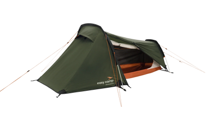 Easy Camp green camping tent with orange accents, ideal for outdoor adventures and camping trips