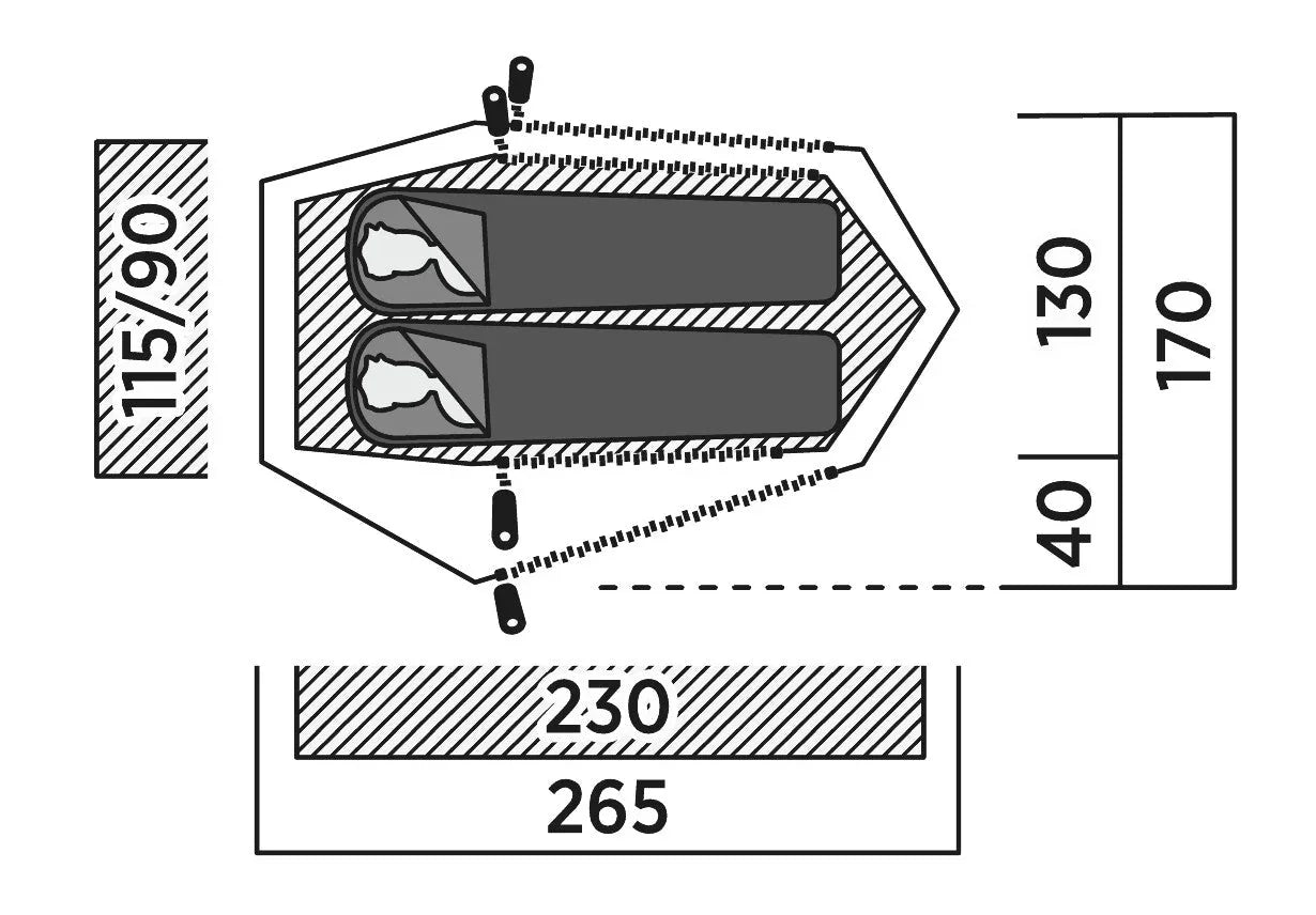 Diagram showing tent dimensions with sleeping areas for camping gear