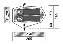 Diagram showing tent dimensions with sleeping areas for camping gear