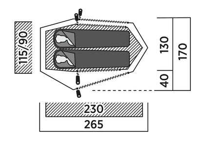 Diagram showing tent dimensions with sleeping areas for camping gear