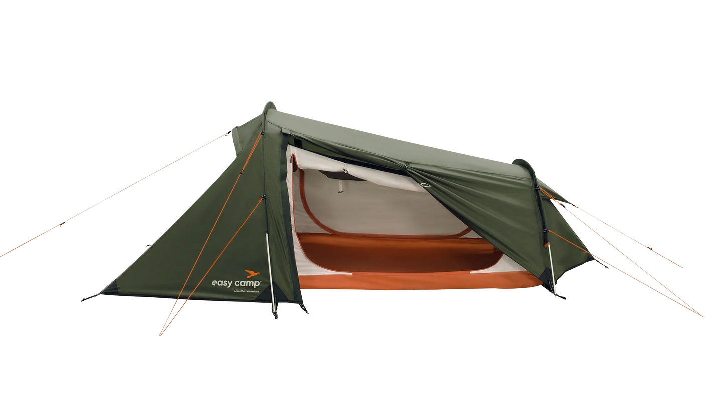 Green and orange easy camp tent with open entrance, ideal for outdoor camping adventures.