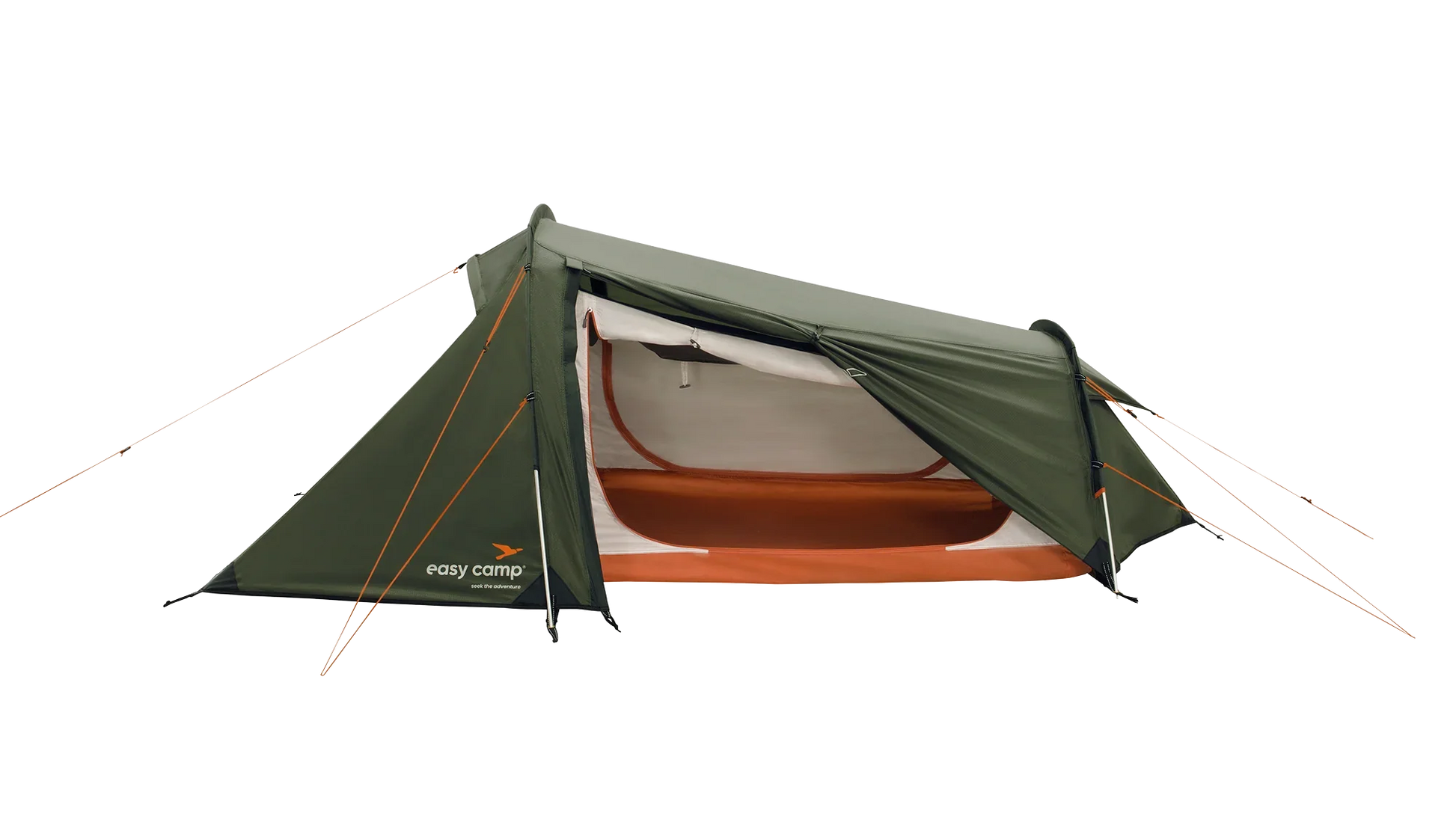 Green and orange easy camp tent with open entrance, ideal for outdoor camping adventures.
