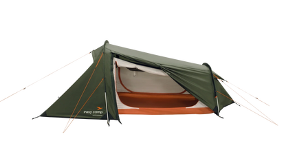 Green and orange easy camp tent with open entrance, ideal for outdoor camping adventures.