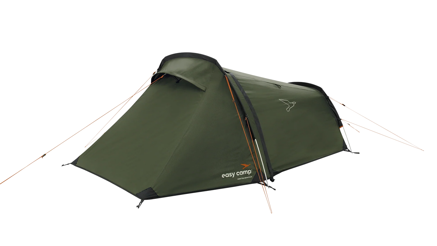 Green Easy Camp tent with orange guy lines, ideal for camping adventures