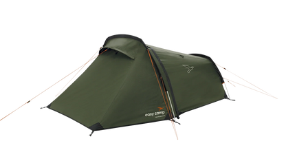 Green Easy Camp tent with orange guy lines, ideal for camping adventures