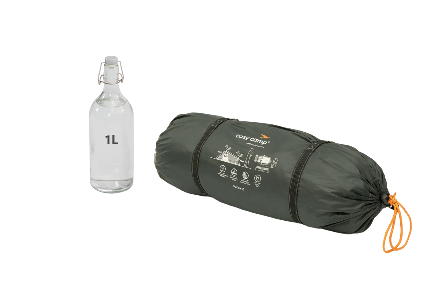 Easy Camp Sarek 2 compact camping tent in carry bag with 1L bottle for scale, ideal for outdoor adventures