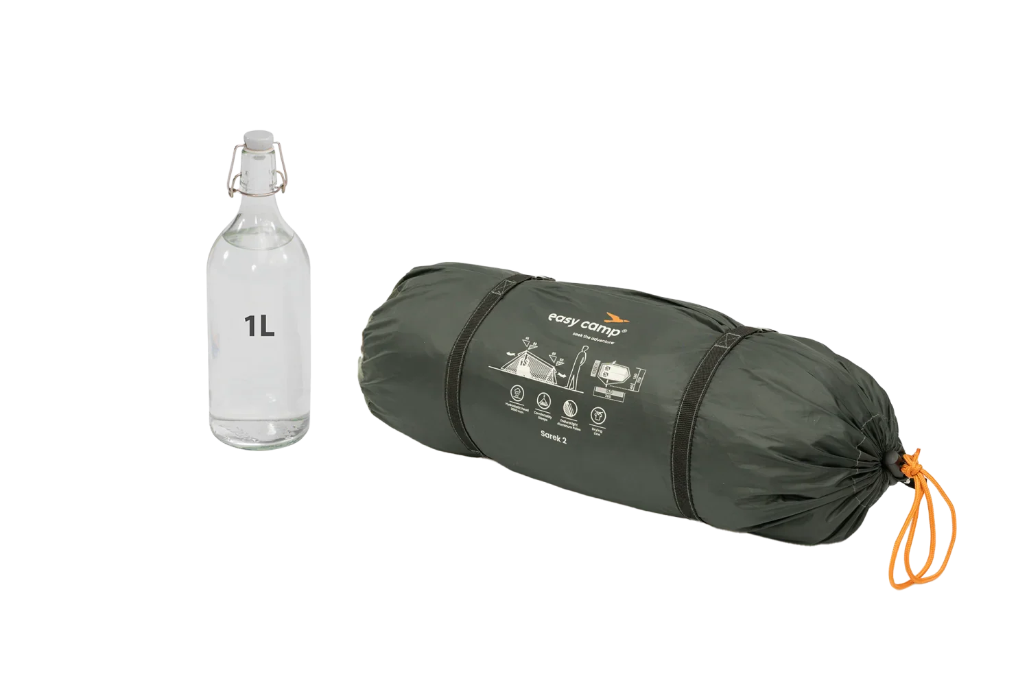 Easy Camp Sarek 2 compact camping tent in carry bag with 1L bottle for scale, ideal for outdoor adventures