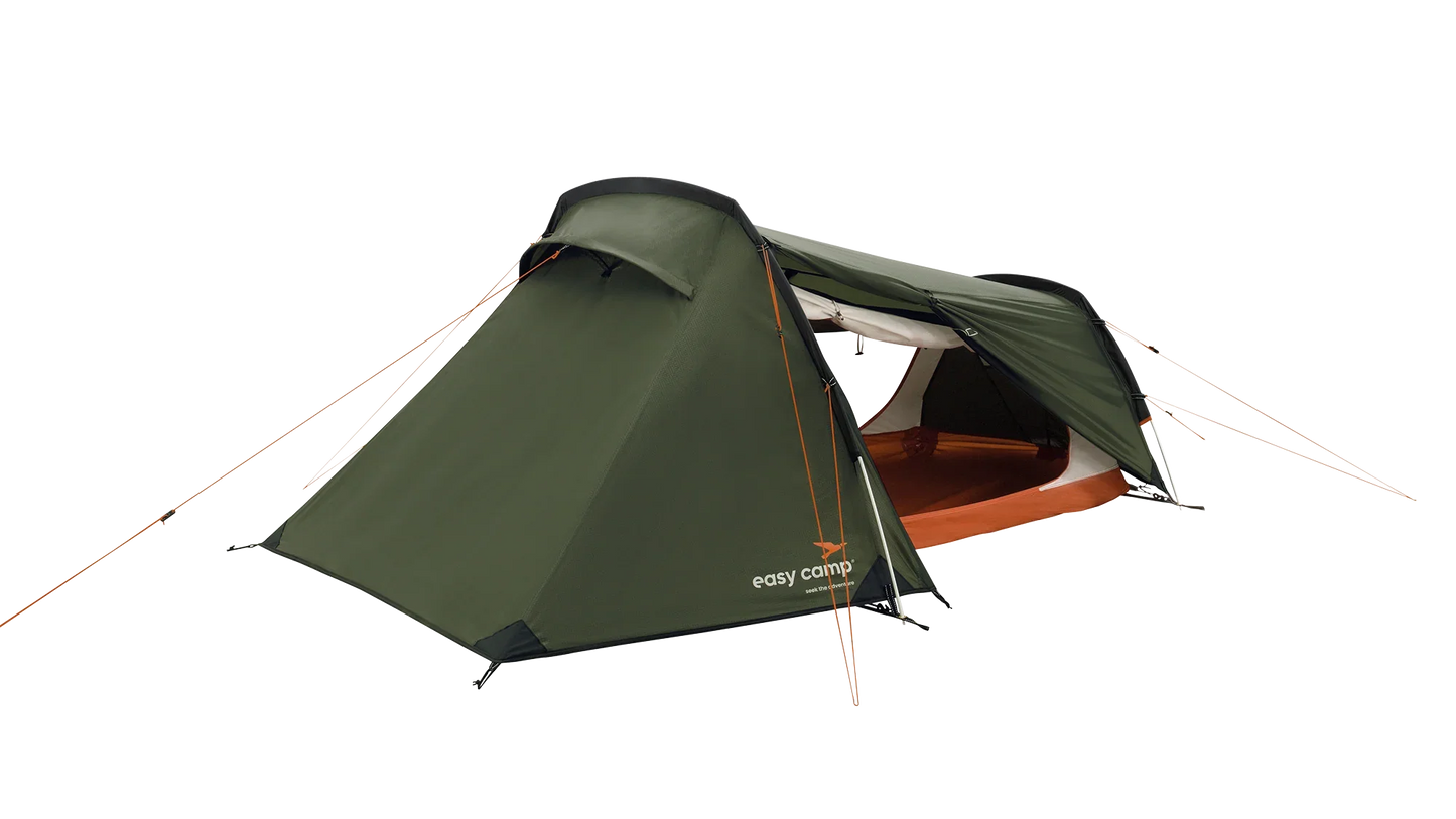 Green easy camp tent with orange accents, ideal for outdoor camping adventures
