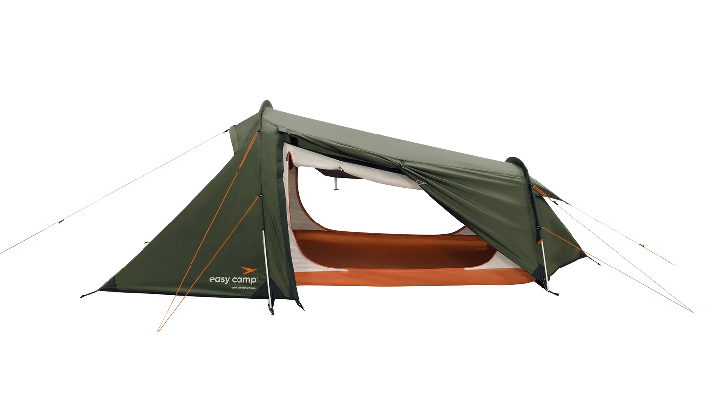Green and orange easy camp tent with open entrance, ideal for outdoor camping adventures.