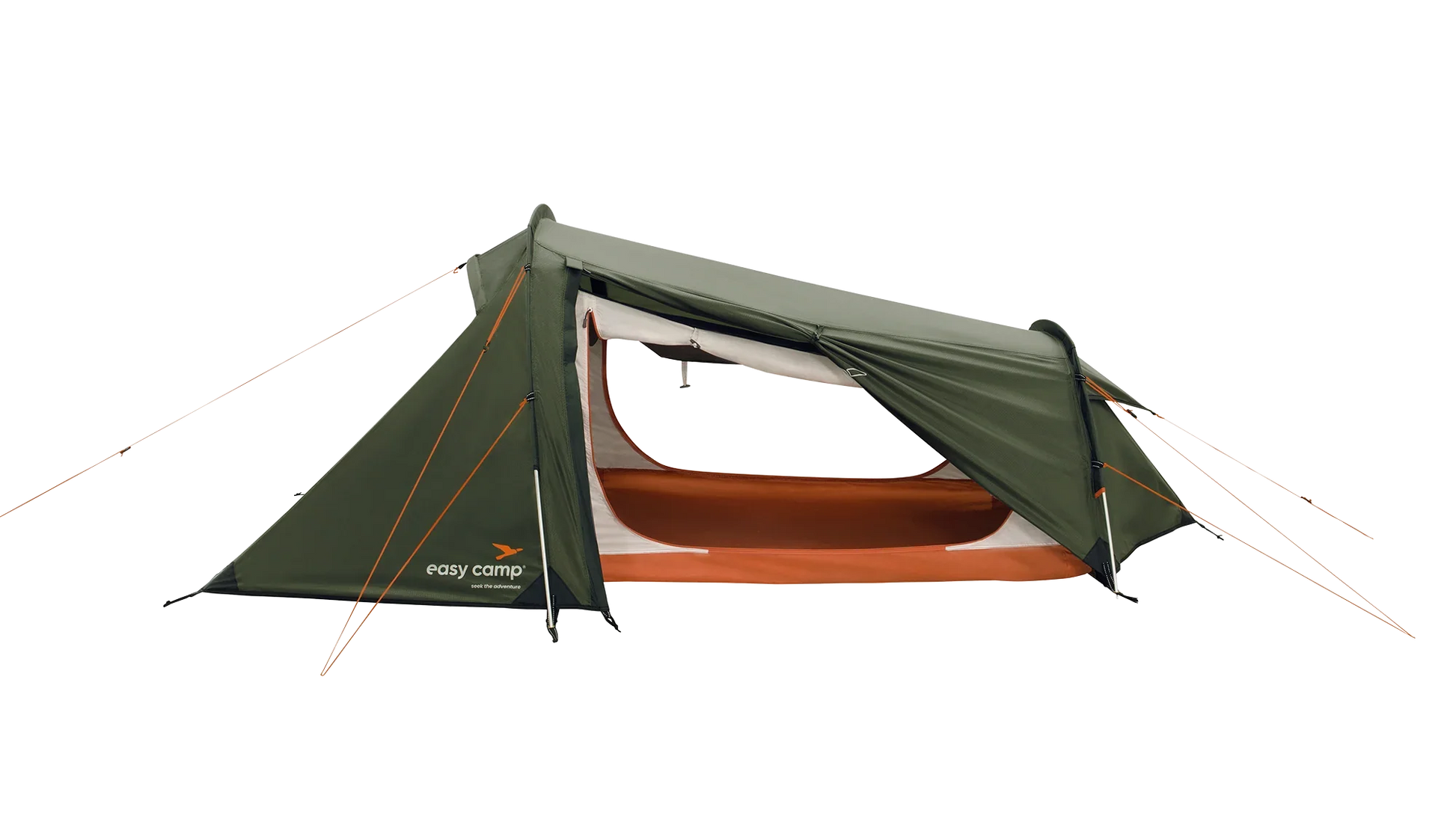 Green and orange easy camp tent with open entrance, ideal for outdoor camping adventures.