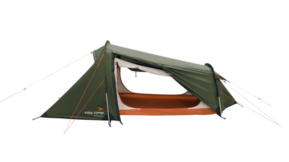 Green and orange easy camp tent with open entrance, ideal for outdoor camping adventures.