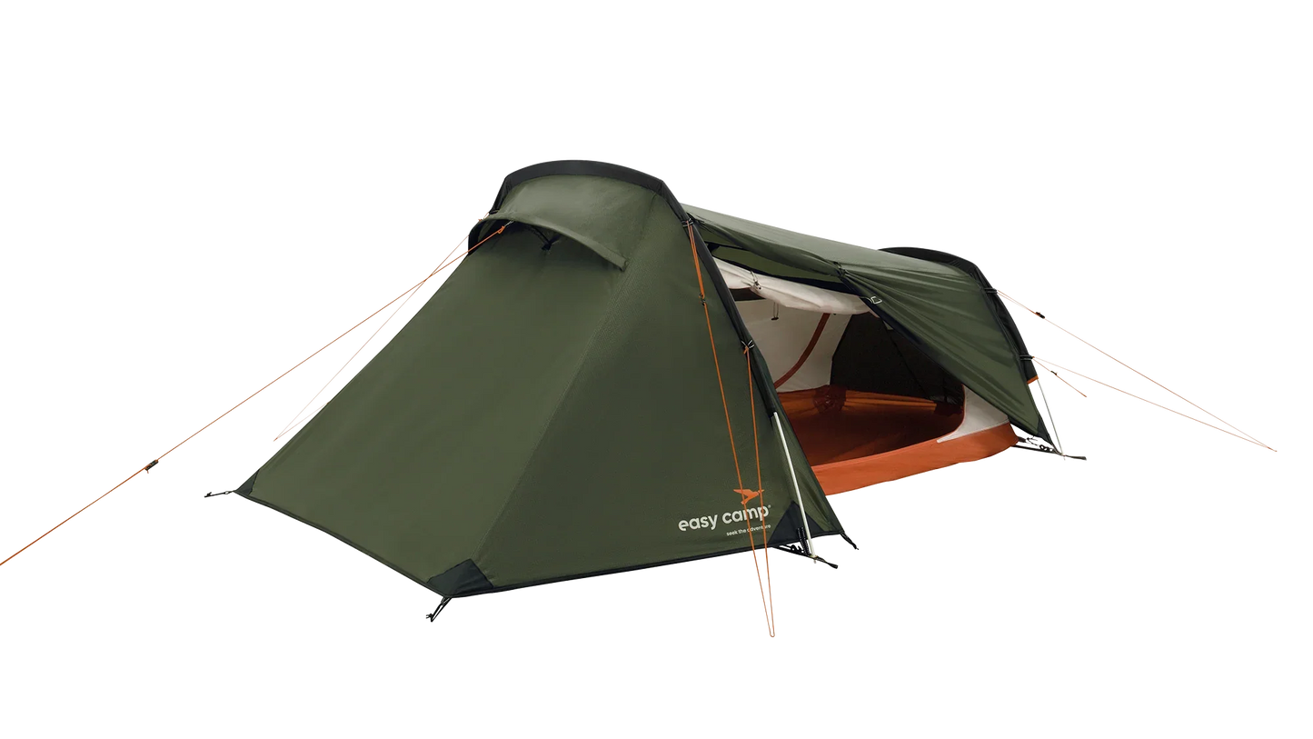 Green easy camp tent with orange accents, ideal for outdoor camping adventures