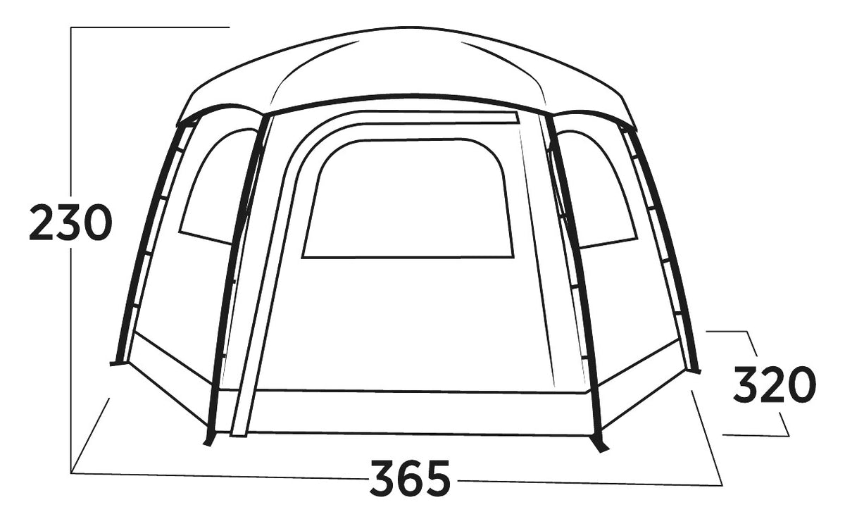 Outline of a tent with dimensions labeled