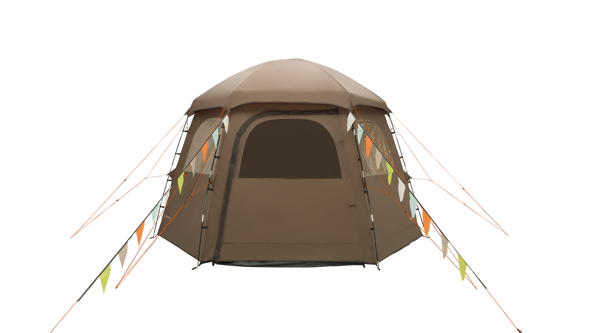 Brown dome tent with attached flysheet on a white background