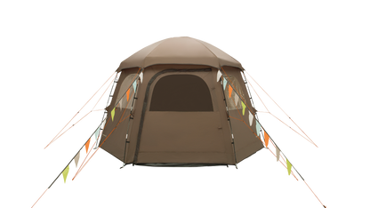 Brown dome tent with attached flysheet on a white background