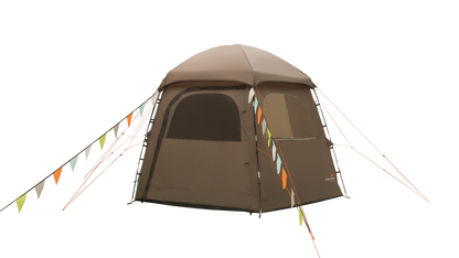 Brown camping tent with a white background