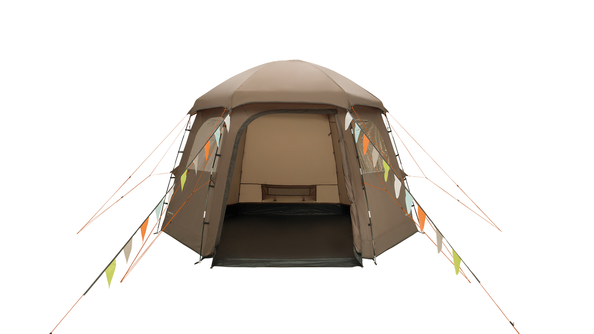 Brown camping tent with open door on a white background