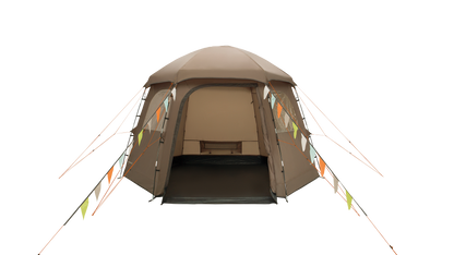 Brown camping tent with open door on a white background
