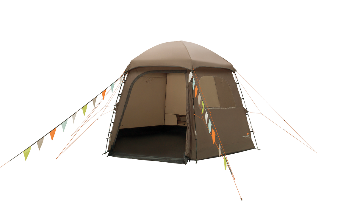 Brown dome tent with decorative flags on a white background