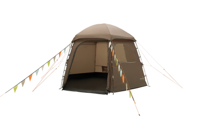 Brown dome tent with decorative flags on a white background