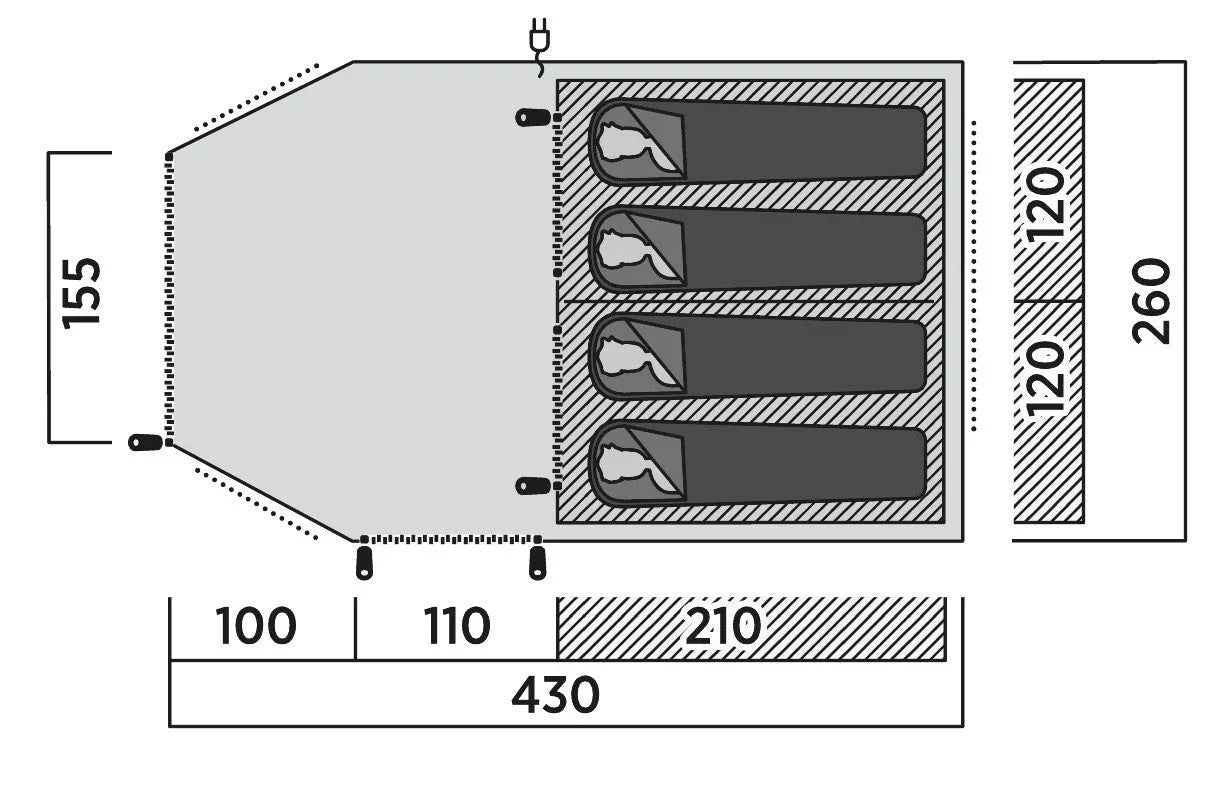 Diagram showing tent layout with four sleeping areas and dimensions for camping gear planning
