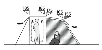 Tent interior height diagram showing standing and sitting space for camping gear