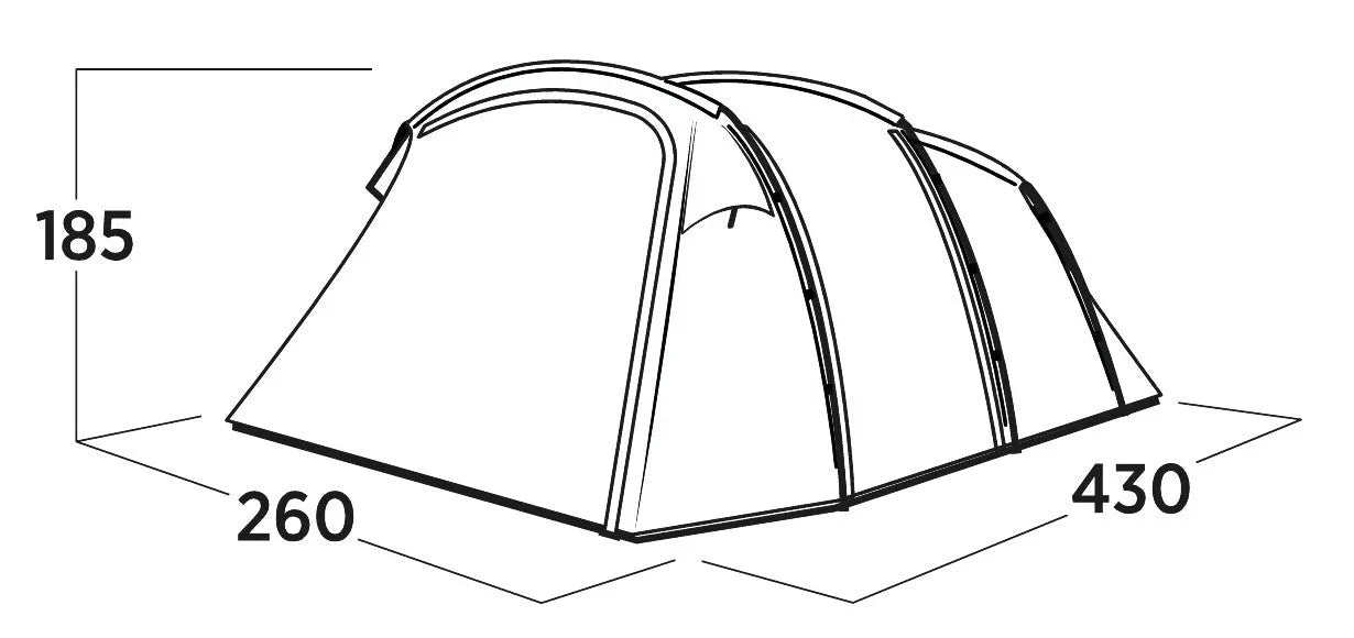 Camping tent dimensions diagram showing 430x260x185 cm for outdoor adventures