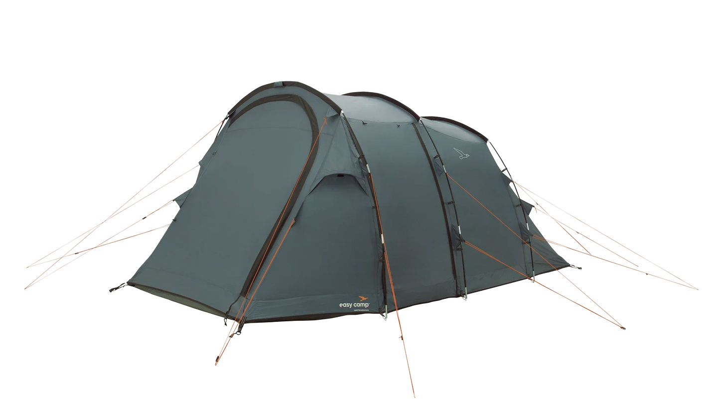 Grey Easy Camp tent with orange guy lines, ideal for camping adventures