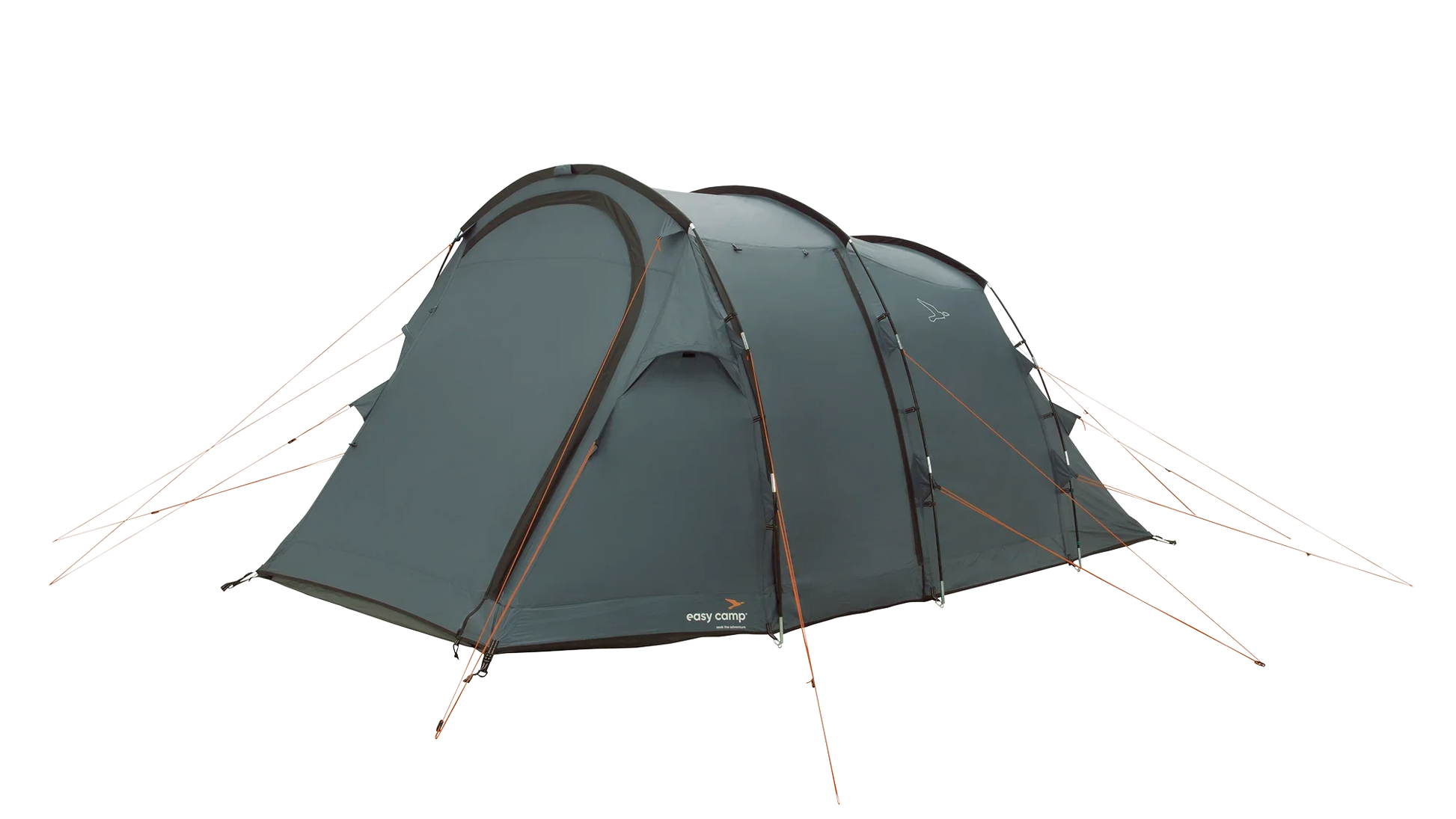 Grey Easy Camp tent with orange guy lines, ideal for camping adventures