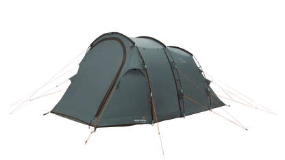 Grey Easy Camp tent with orange guy lines, ideal for camping adventures