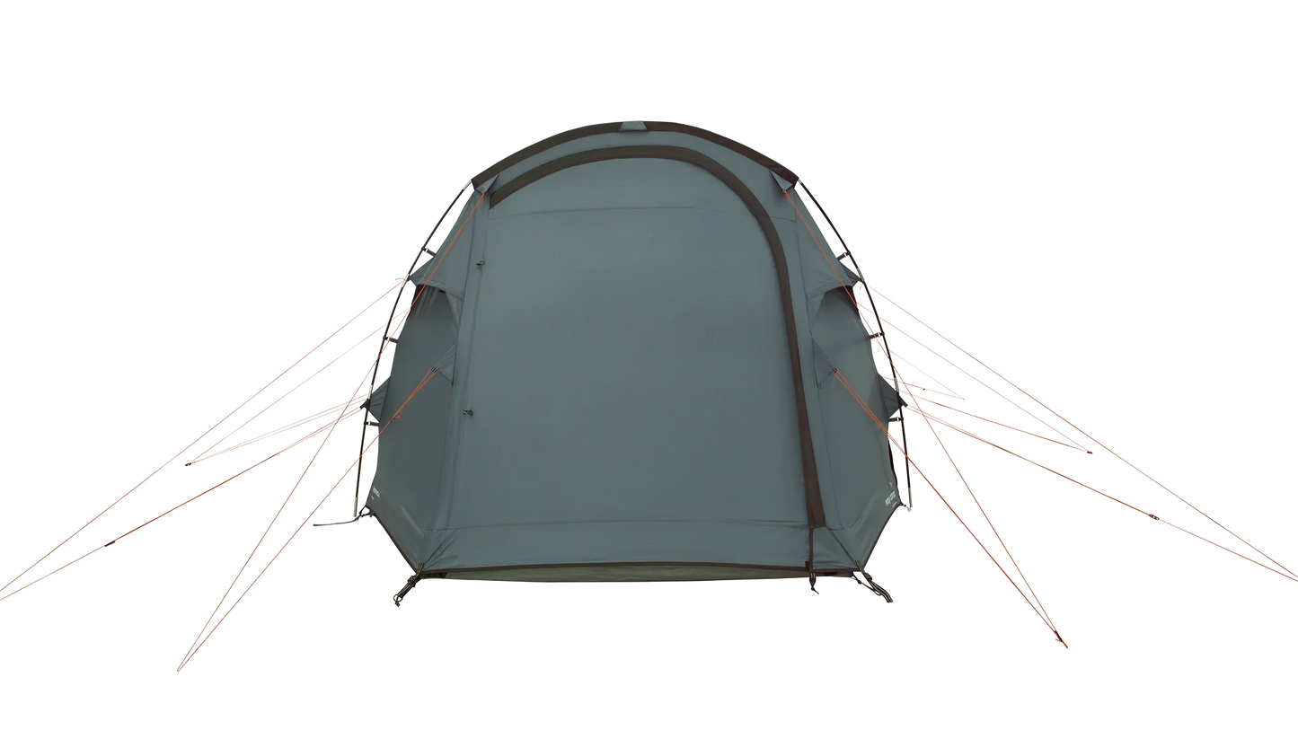 Gray camping tent with orange guy lines, ideal for outdoor adventures and caravanning trips.