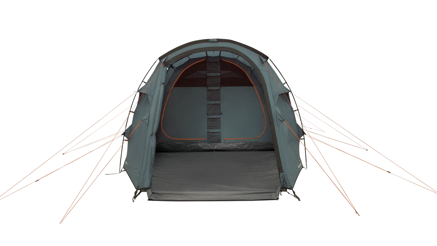 Gray camping tent with orange accents, ideal for outdoor adventures and camping trips.