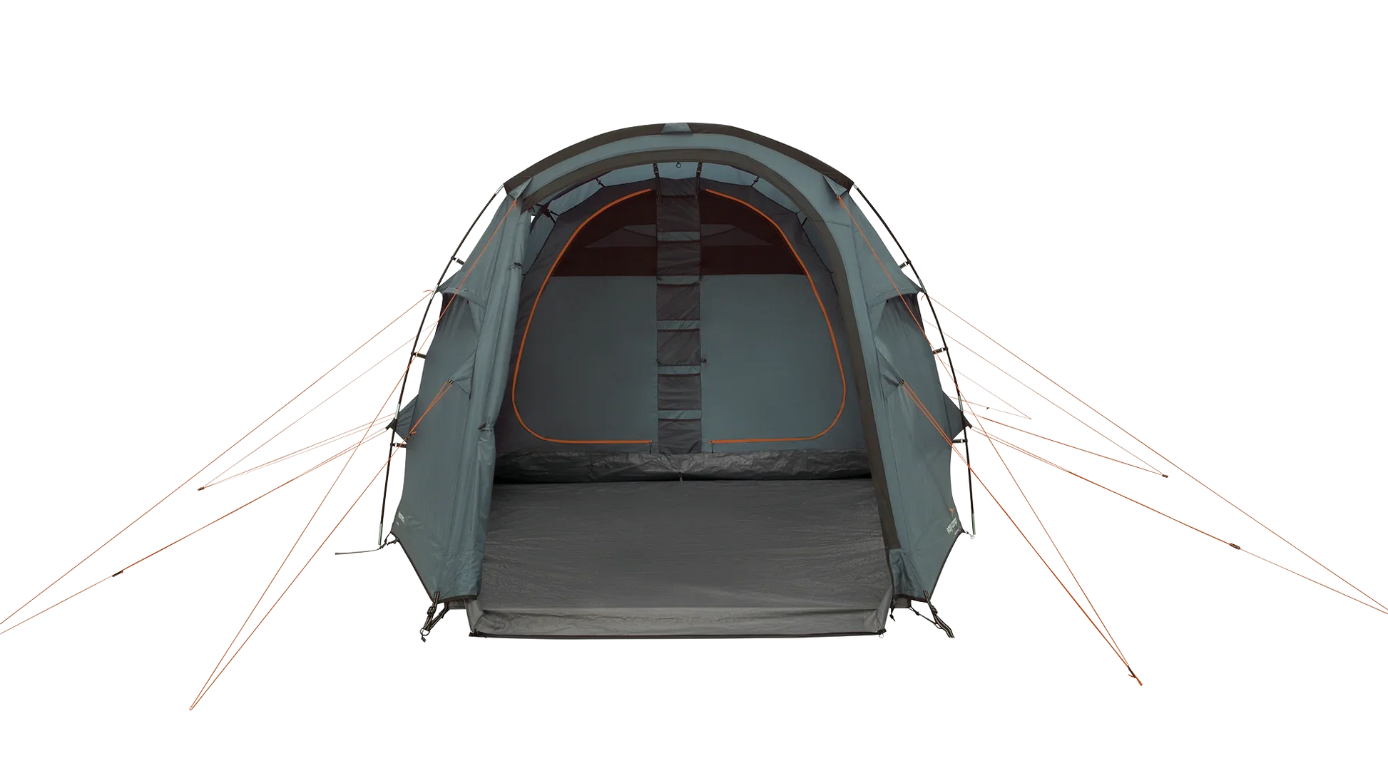 Gray camping tent with orange accents, ideal for outdoor adventures and camping trips.