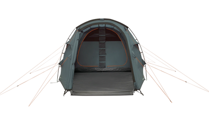 Gray camping tent with orange accents, ideal for outdoor adventures and camping trips.