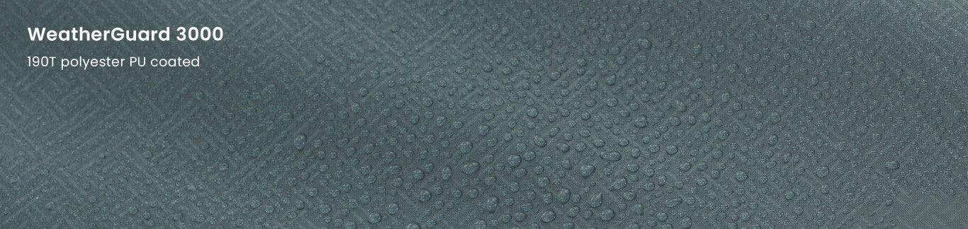 WeatherGuard 3000 190T polyester PU coated fabric with water droplets showcasing waterproof durability