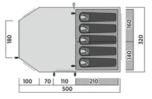 Layout diagram of a spacious caravan awning with sleeping areas and dimensions for outdoor camping adventures.
